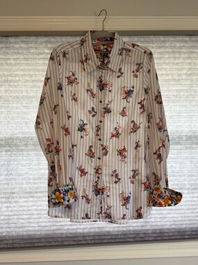 Robert Graham White Stripe Shirt with Multicolor Paisley Print